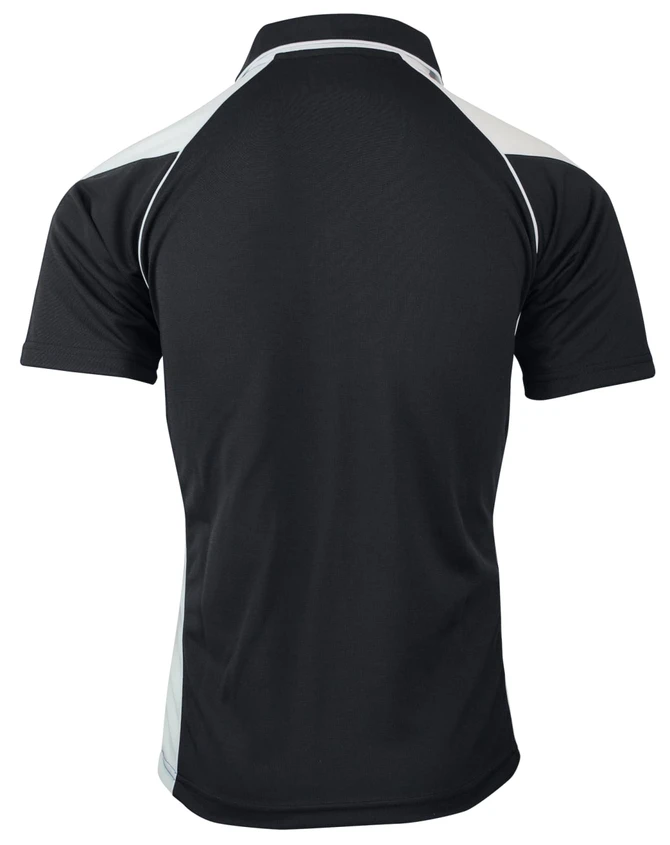 A black polo shirt with grey accents and a logo on the back.