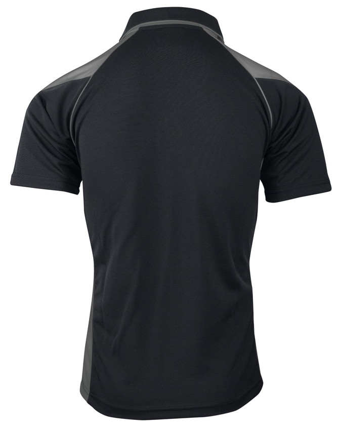 A black polo shirt with a contrasting grey design, featuring a collar and short sleeves. It has a logo on the chest.