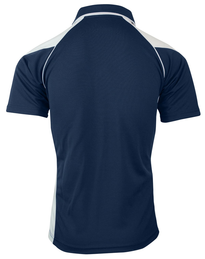 A navy blue polo shirt featuring light grey contrast paneling on the sides and a logo on the chest.