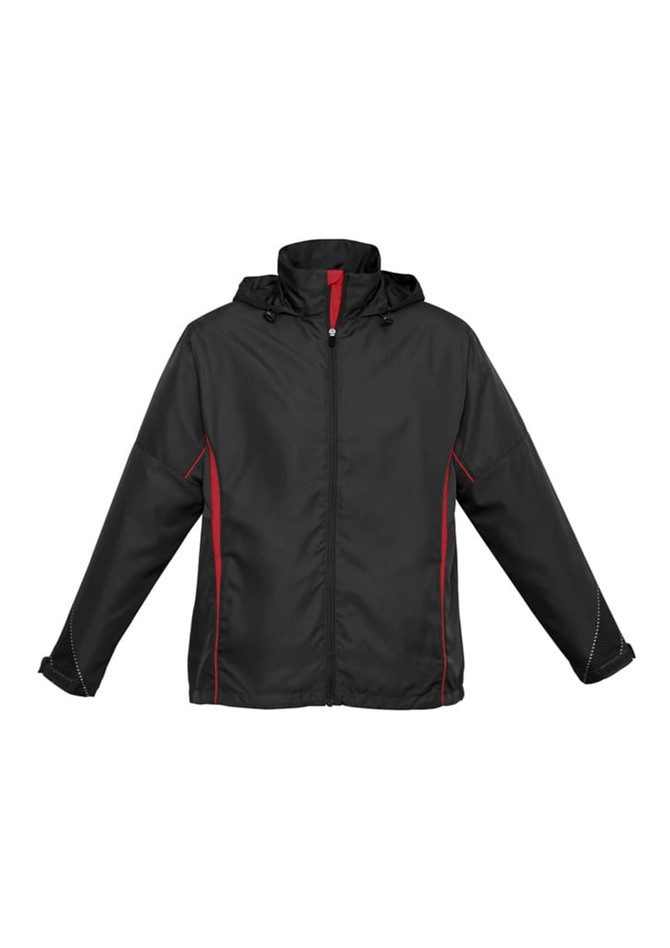 A black unisex jacket with a hood, featuring red accents along the sides and a zipper front. It has a logo.