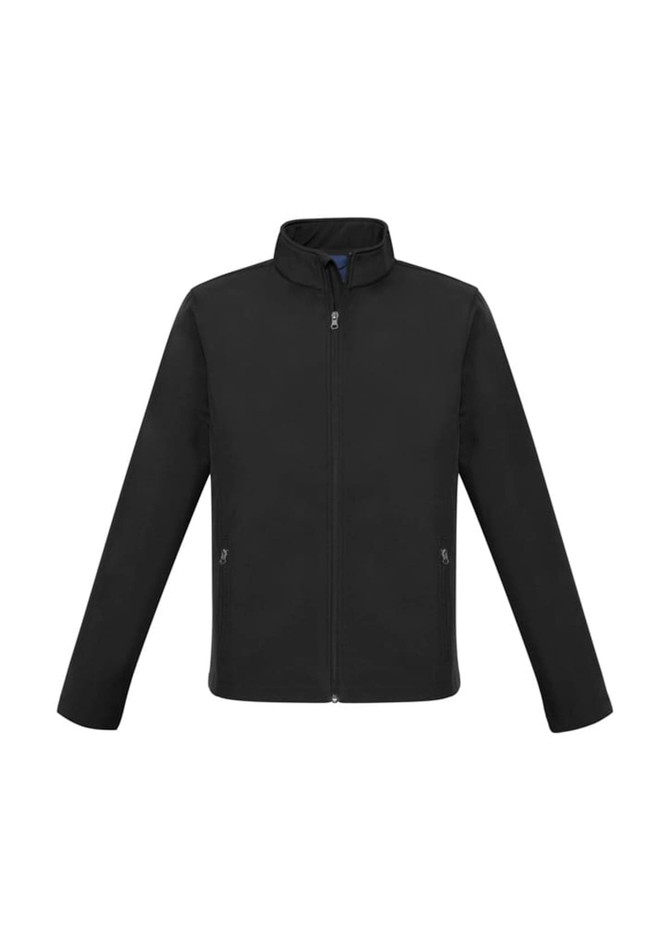 A black zip-up jacket with a high collar and two side pockets, featuring a branding logo.