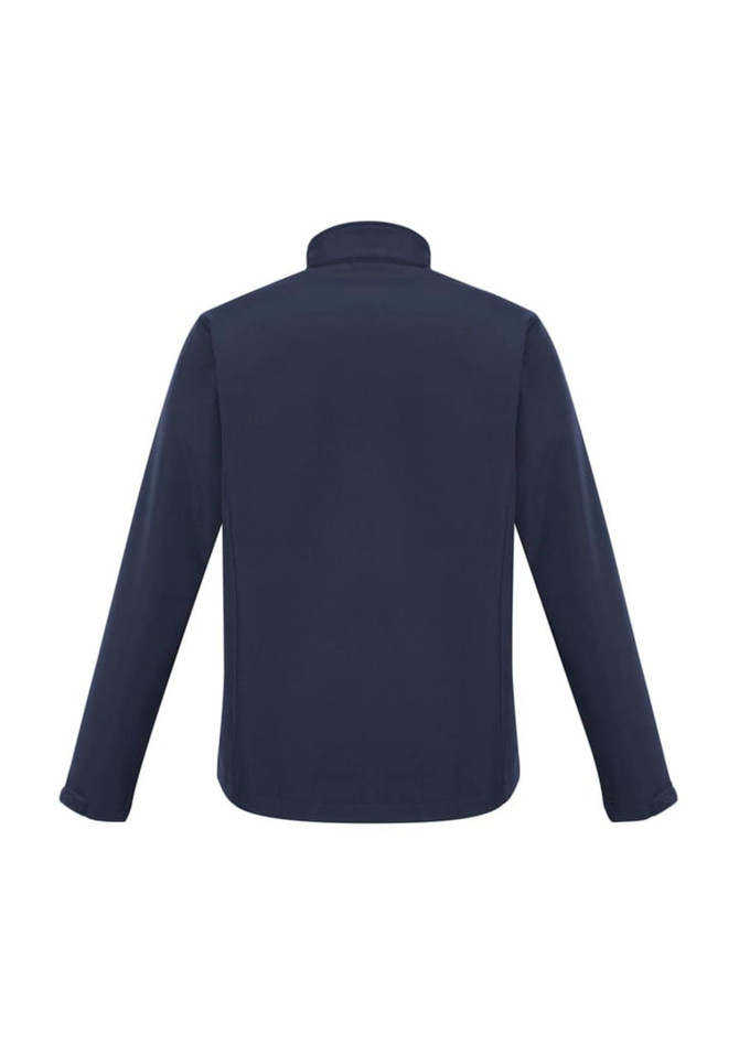 A men's soft shell jacket in navy blue, featuring long sleeves and a high collar. It has a logo on the back.