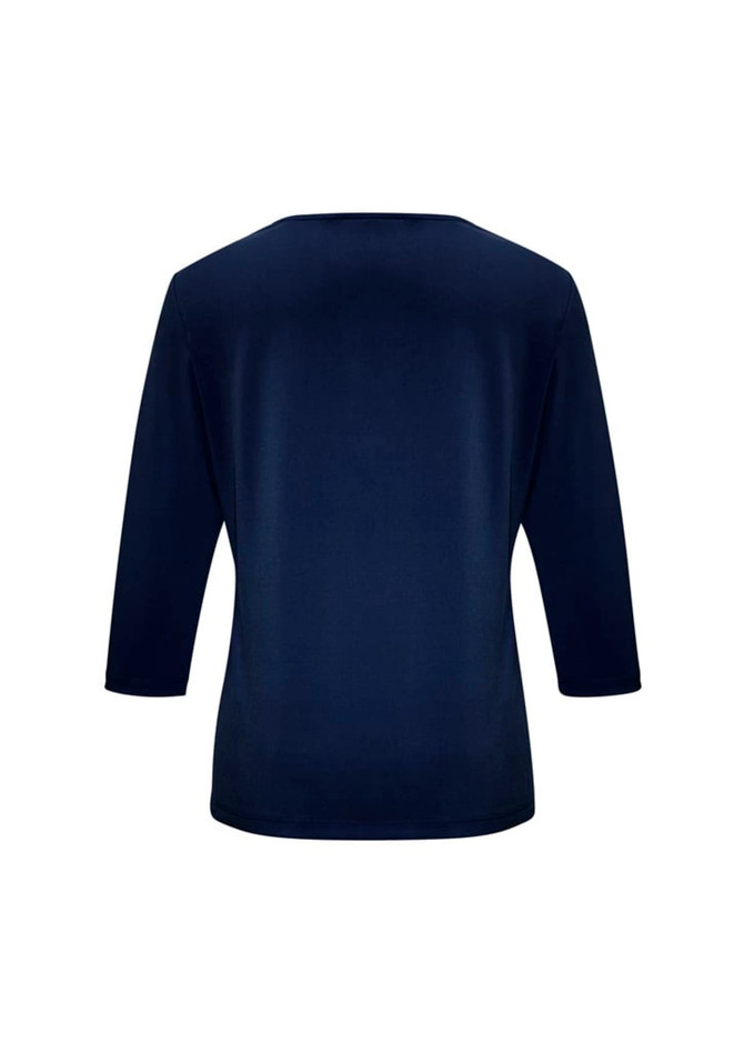 A navy women's 3/4 sleeve top with a simple design and a smooth fabric finish, featuring a logo on the back.