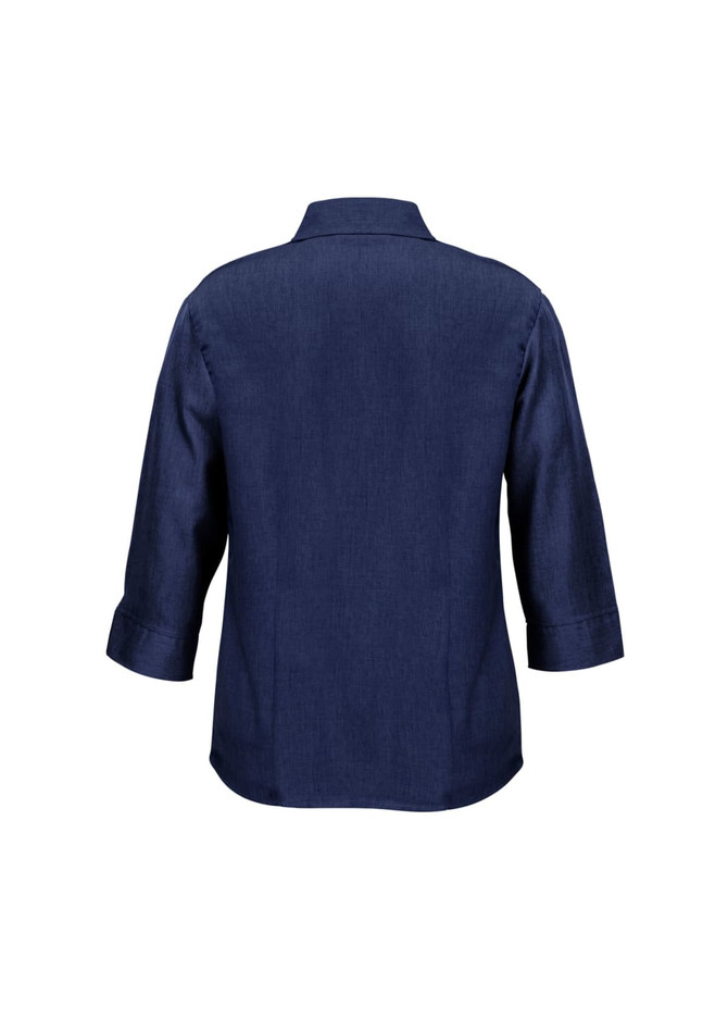 A navy women's 3/4 sleeve shirt with a collar and a logo on the back.