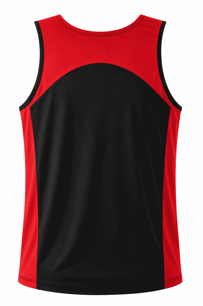A red and black men's singlet featuring a curved design and a logo on the chest area.