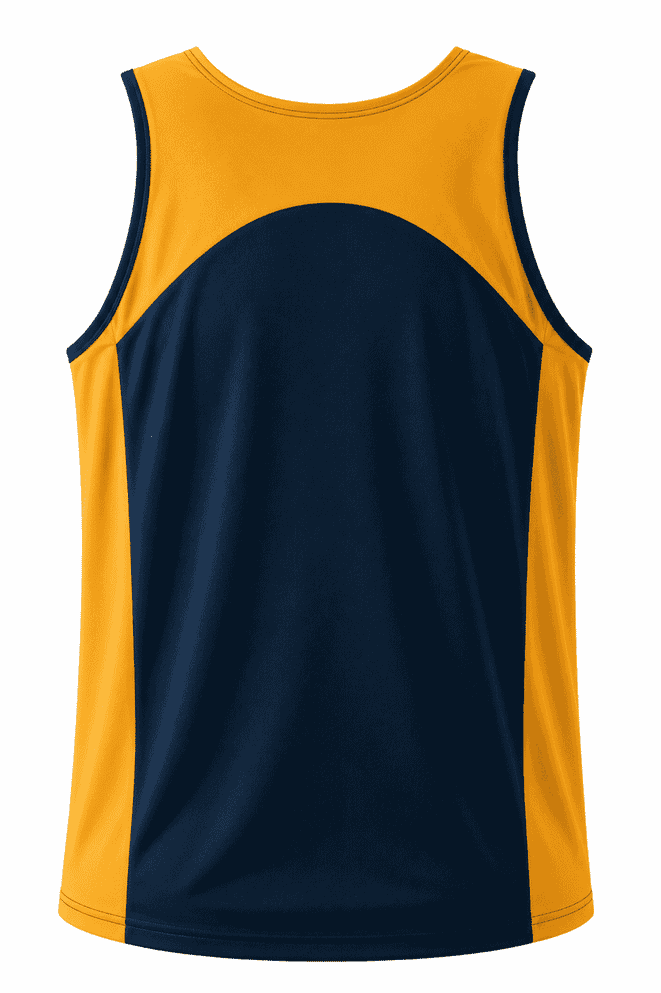 A men's singlet in orange and navy, featuring a sporty design with a logo on the back.