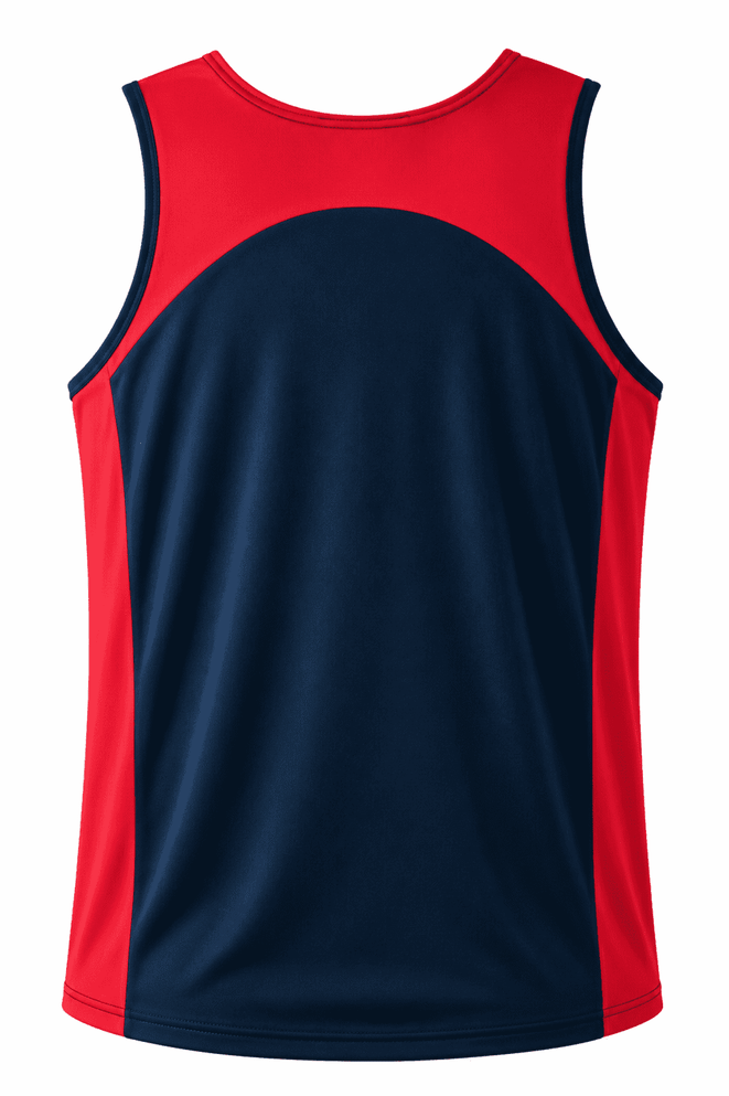 A red and navy singlet featuring a logo, designed for men’s activewear.
