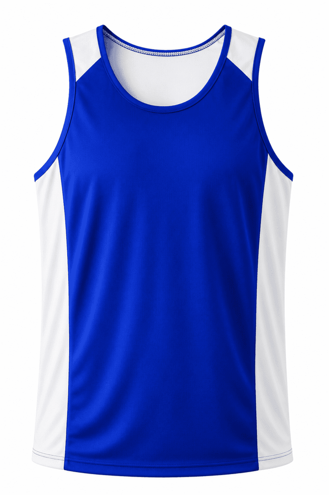 A blue singlet with white side panels and a logo. Suitable for casual wear or sports activities.
