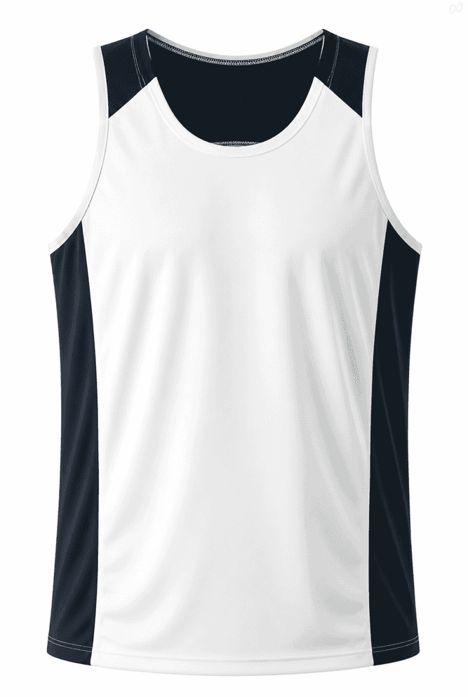A men's singlet featuring a white front and navy blue sides, designed for casual wear or athletic use.
