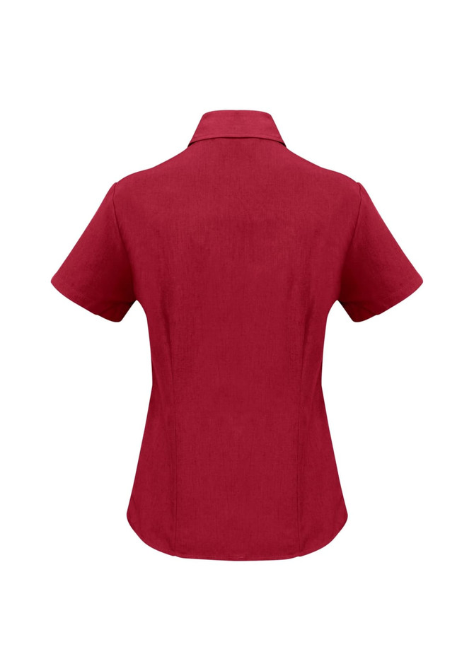 A short sleeve button-up shirt in a rich burgundy colour, featuring a classic collar and a fitted style.