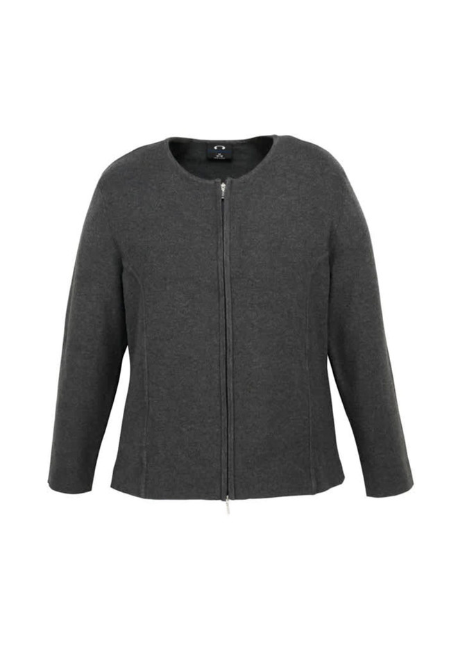 A dark grey women's 2-way zip cardigan with a round neckline and long sleeves, featuring a logo.