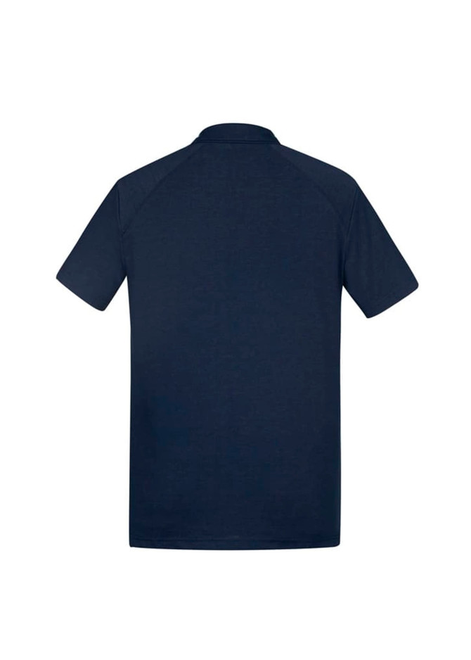 A navy short sleeve polo shirt with a back view, featuring a simple design and a logo.