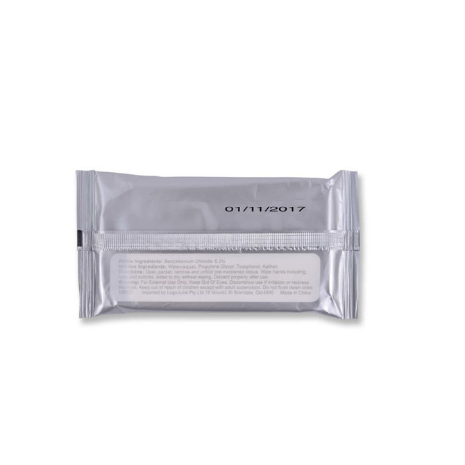 A silver packet of H2O Wet Wipes with a resealable closure, featuring a logo on the front.