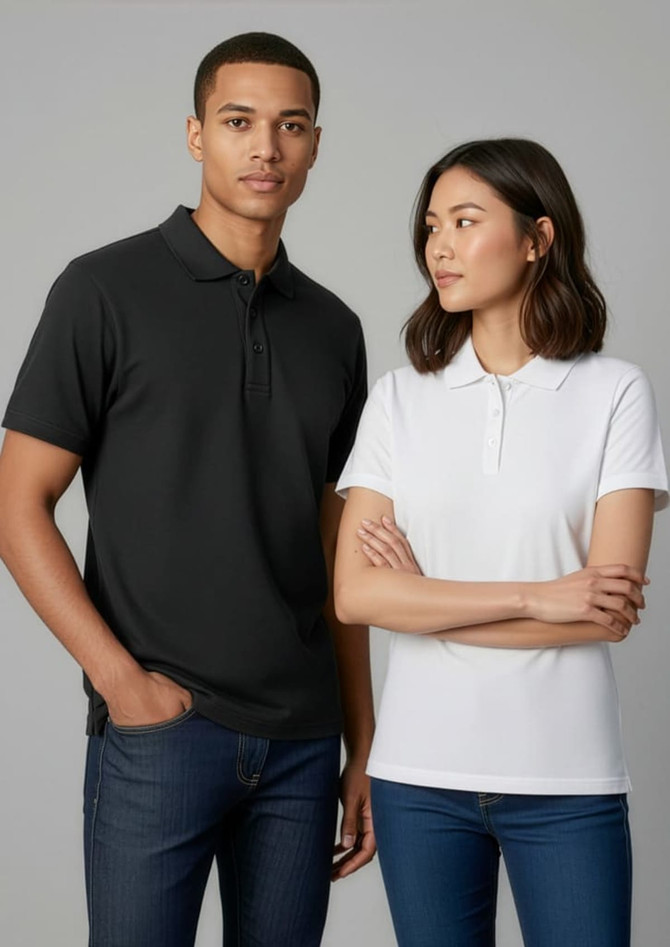 A black men's short sleeve polo and a white women's short sleeve polo, both featuring a logo.