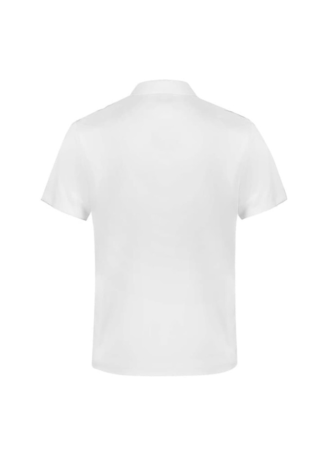 A white men's short sleeve polo shirt with a smooth fabric and a subtle brand logo.