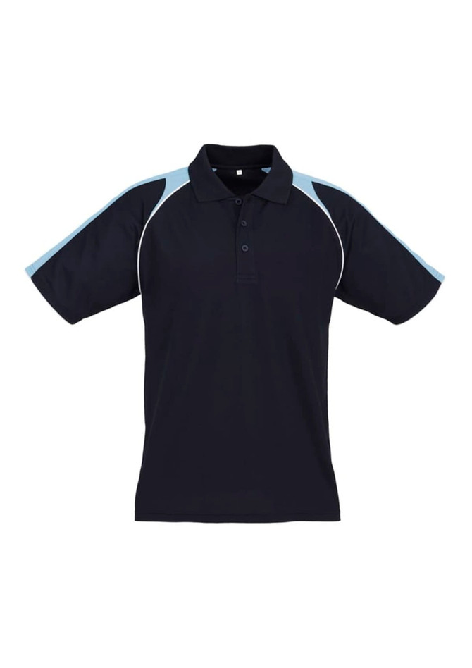 A men's polo shirt in navy blue with light blue accents and a logo on the chest.