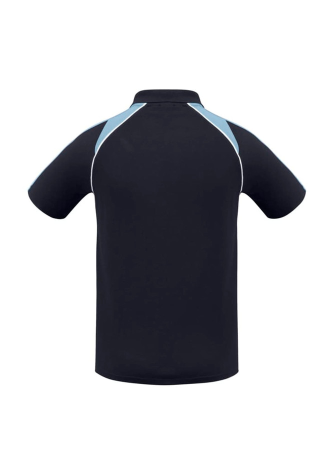 A black short sleeve polo shirt with light blue accents and a logo on the chest area.