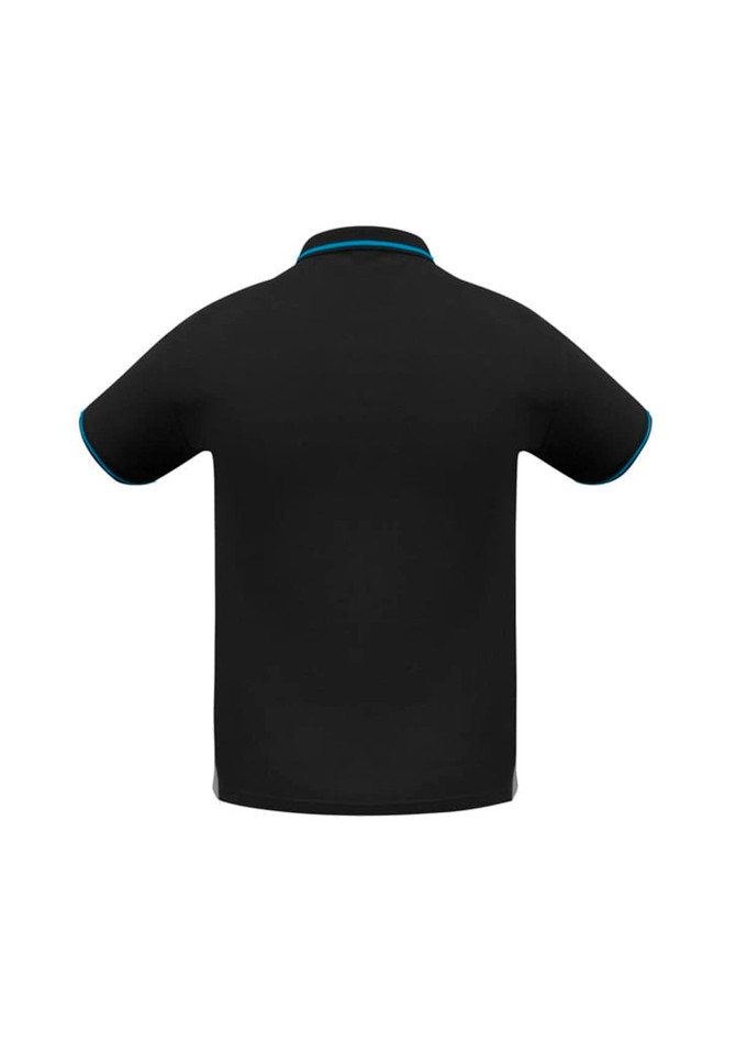 A black short sleeve polo shirt with contrasting blue detailing on the collar, featuring a logo.