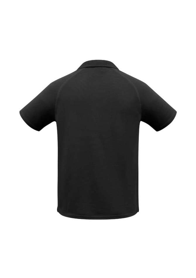 A black short sleeve polo shirt with a simple design and a logo on the back.