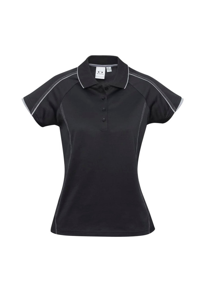 A black women's short sleeve polo shirt with contrast stitching and a logo on the label.
