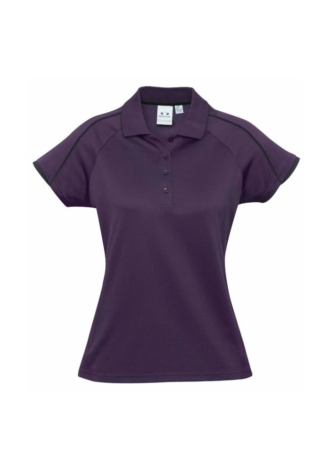 A women's short sleeve polo shirt in a rich purple colour with a collar and buttons, featuring a logo.