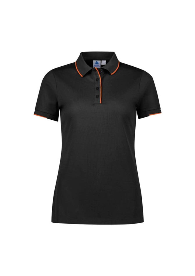 A women's black polo shirt with short sleeves and orange accents, featuring a collar and buttons.