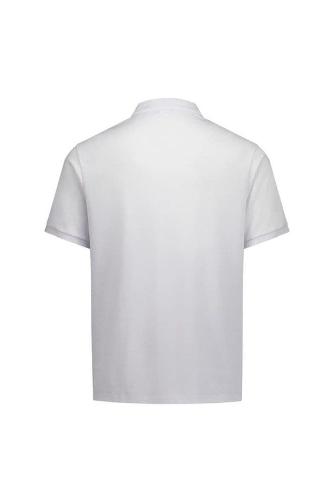 A white short sleeve polo shirt with a collar and a logo on the back.