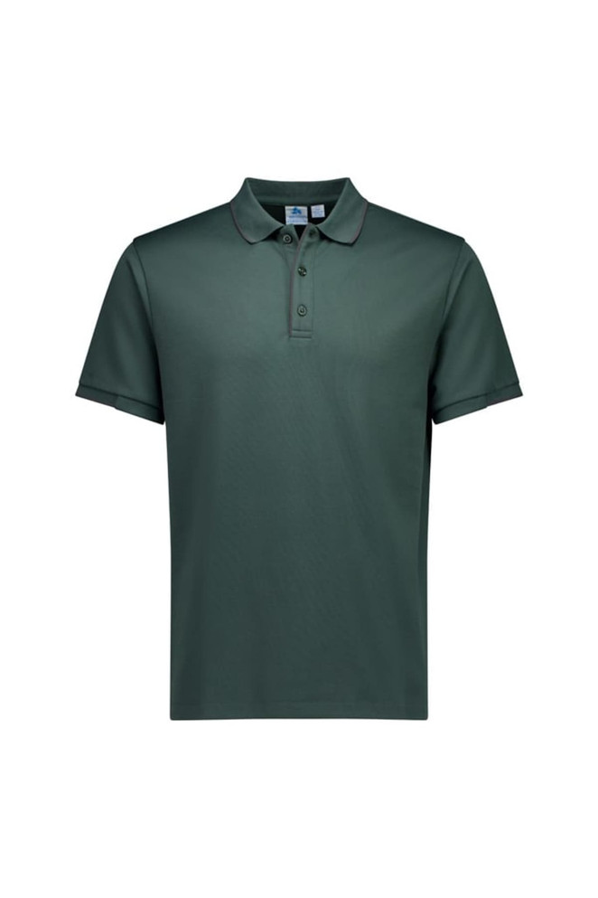 A green short sleeve polo shirt featuring a classic collar and three buttons, with a logo on the chest.