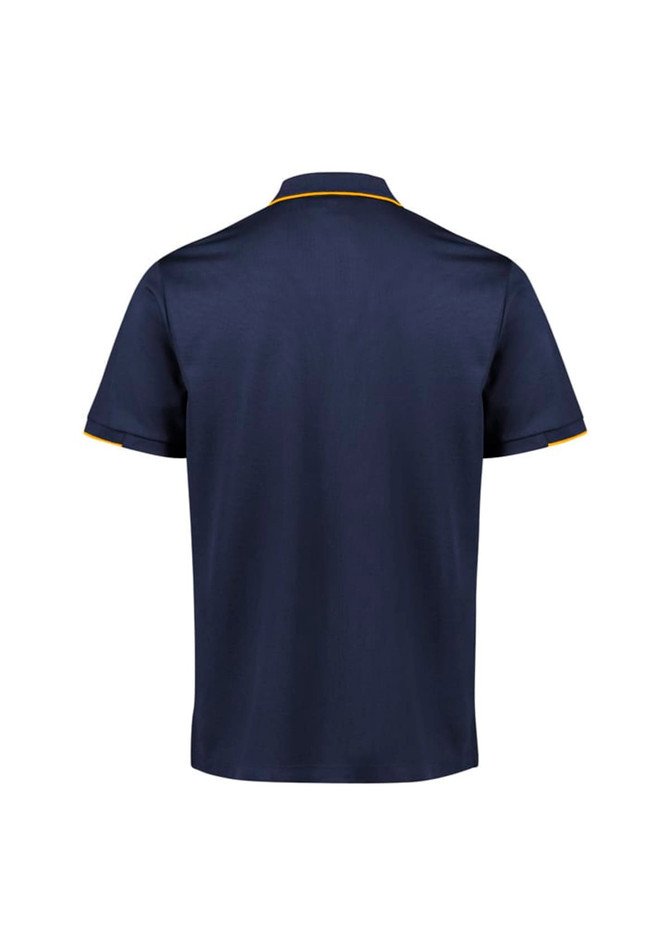 A navy blue men's polo shirt with short sleeves and contrasting collar trim. Features a logo on the chest.