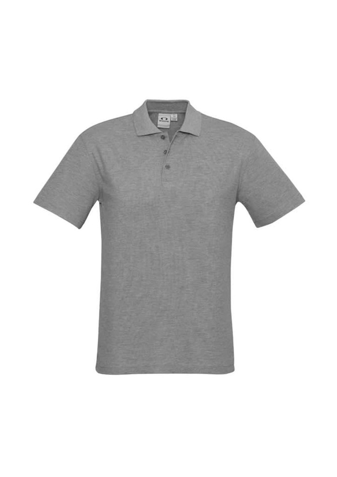 A grey crew men's polo shirt with a collar and short sleeves, featuring a logo.