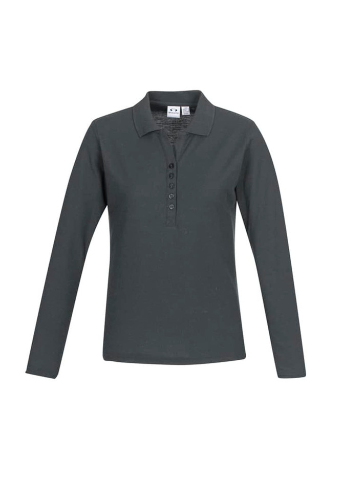 A long sleeve polo shirt in dark grey with a buttoned placket and a logo on the chest.