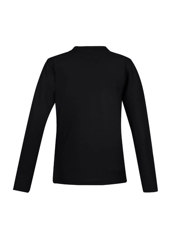 A black long sleeve polo shirt featuring a back view and a logo.