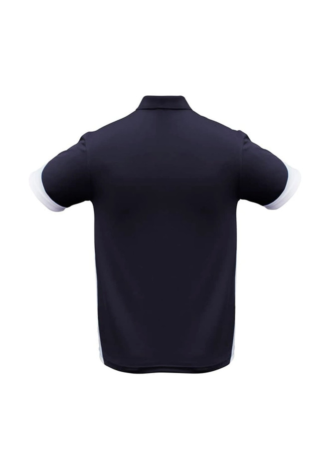 A black men's short sleeve polo shirt featuring white accents and a logo.