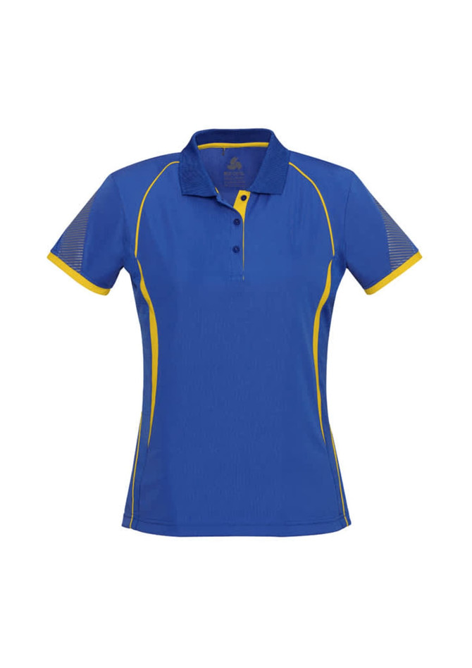 A women's short sleeve polo shirt in vibrant blue with yellow accents and a logo on the chest.