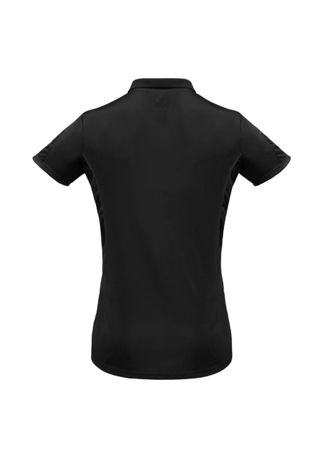 A black short sleeve polo shirt for women featuring a logo. The design is simple with a classic polo silhouette.