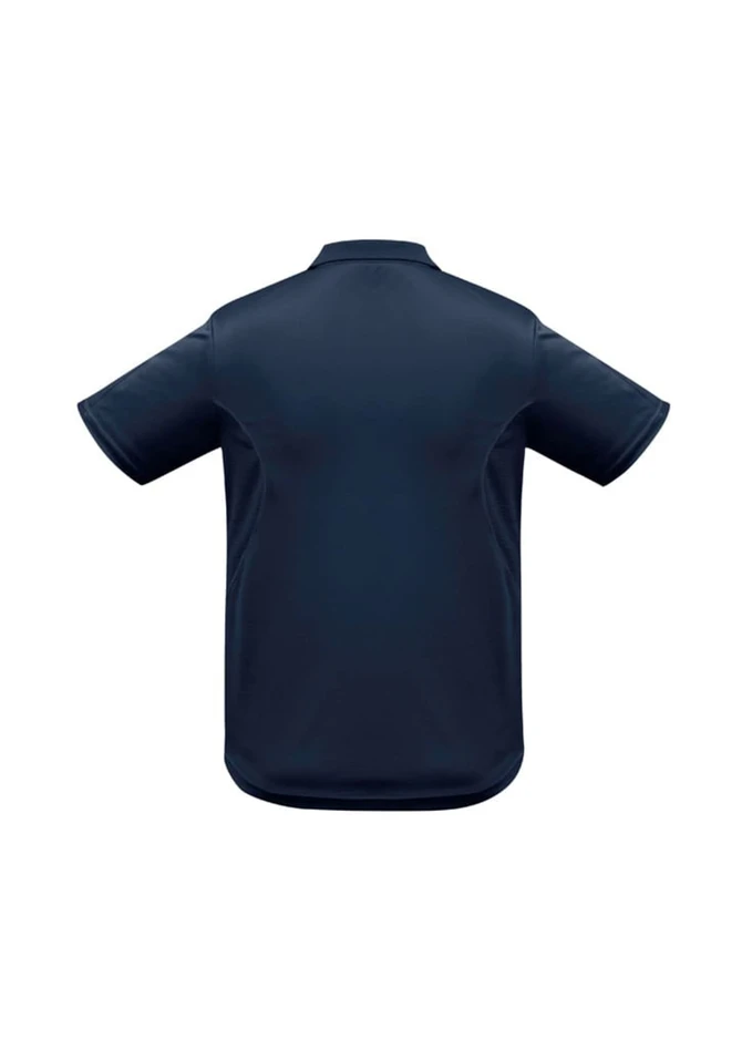 A navy short sleeve polo shirt featuring a logo on the back side. Suitable for casual wear.