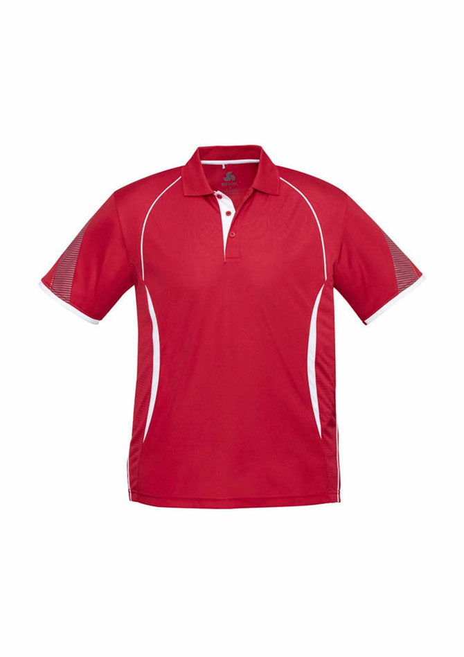 A red short sleeve polo shirt featuring white accents and a logo. Suitable for kids.