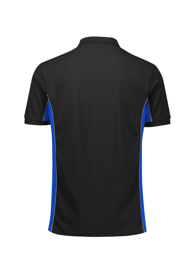 A unisex short sleeve polo in black with blue side panels, featuring a logo on the back.