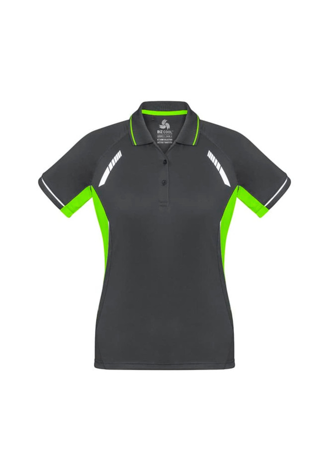 A women's short sleeve polo shirt in black with green accents and reflective details, featuring a logo.