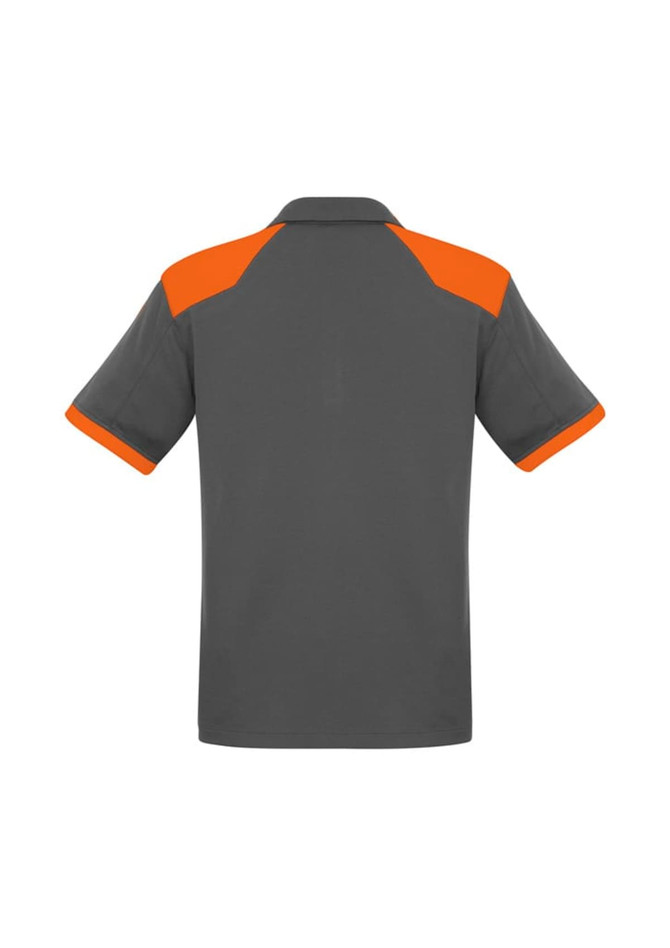 A grey short sleeve polo shirt with orange accents, featuring a logo on the chest area.