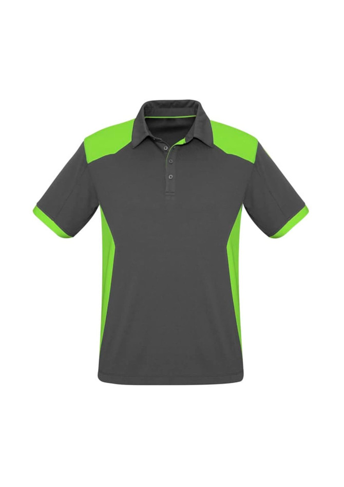A short sleeve polo shirt featuring a dark grey base with vibrant green accents. It includes a collar and button placket.