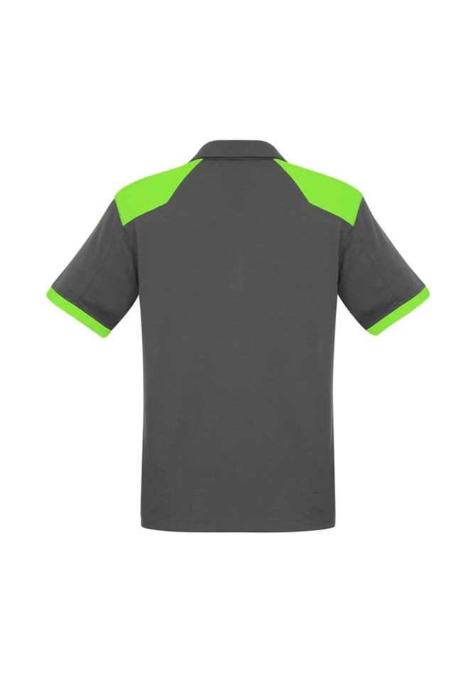 A grey polo shirt with bright green accents on the shoulders and sleeves, featuring a logo.