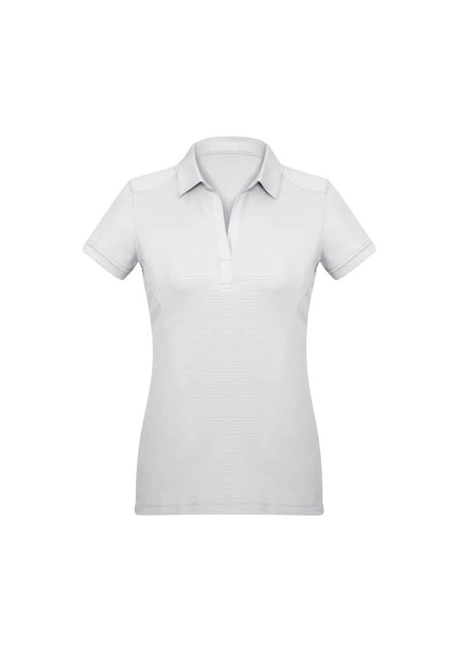 A women's short sleeve polo shirt in light grey, featuring a collar and a logo.