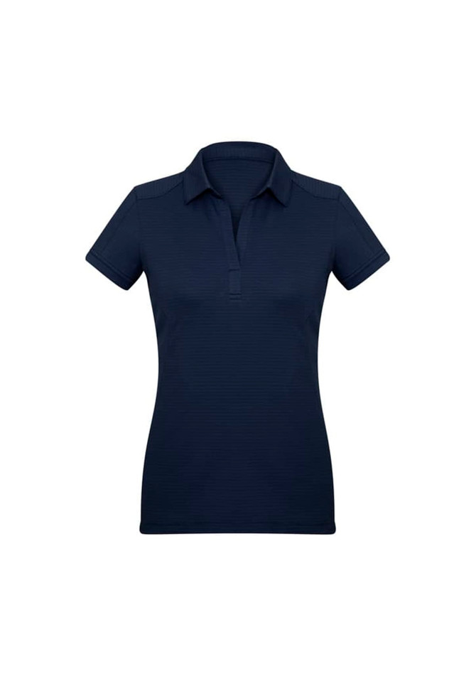 A navy blue women's short sleeve polo shirt with a collar and a logo on the chest.