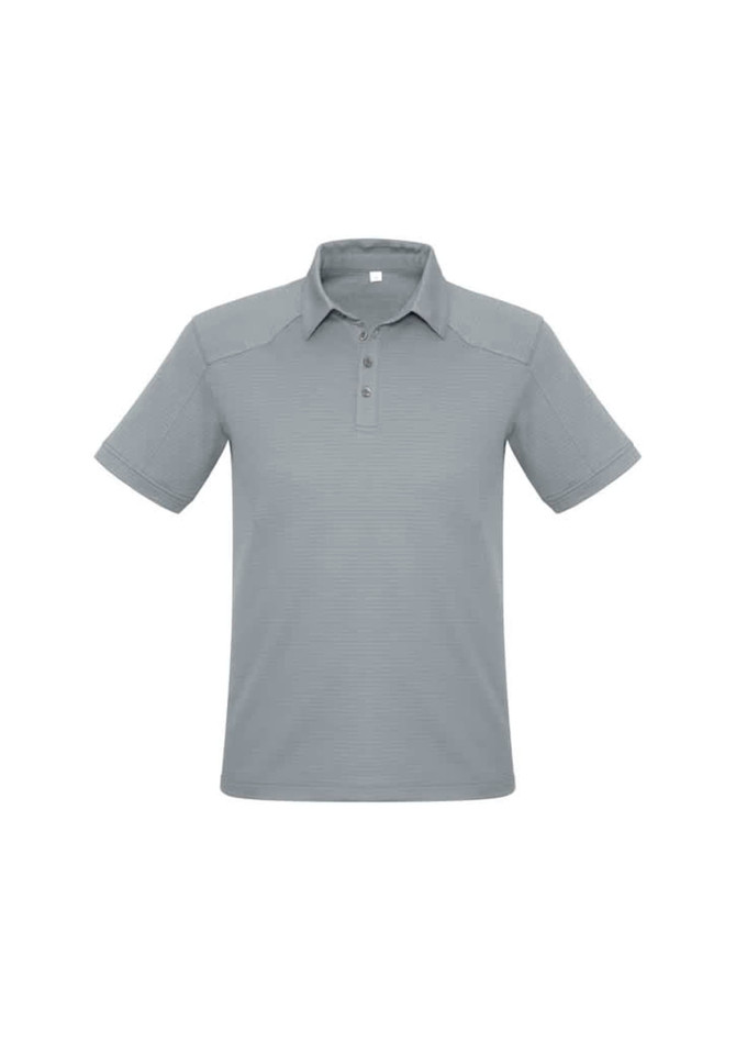 A light grey men's short sleeve polo shirt with a collar and three-button placket, featuring a logo.