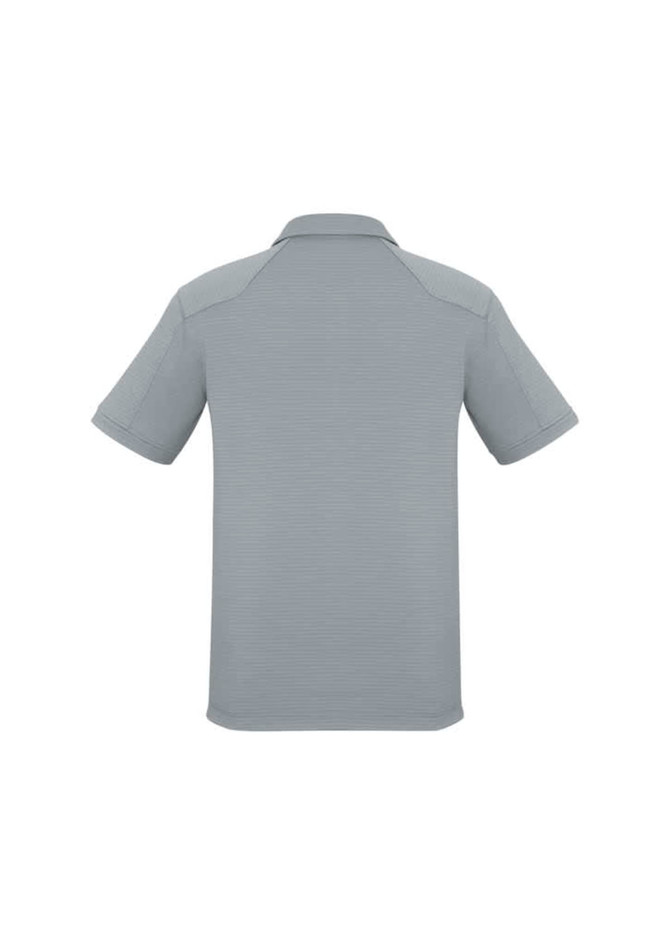 A light grey short sleeve polo shirt with a collar and a logo on the back.