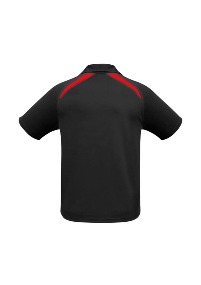 A men's short sleeve polo shirt in black with red splice detailing. Features a branding logo on the back.