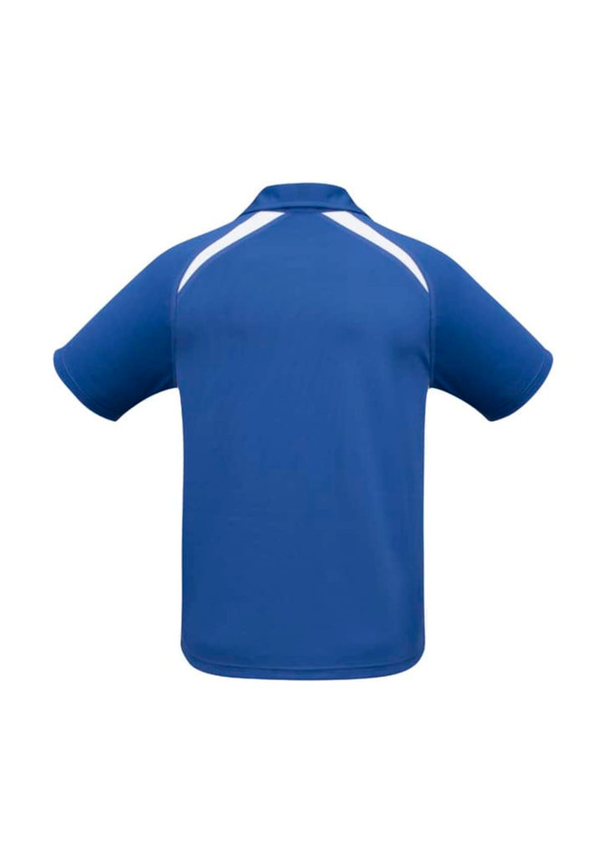 A blue kids’ polo shirt with short sleeves and a white detailing, featuring a logo on the back.