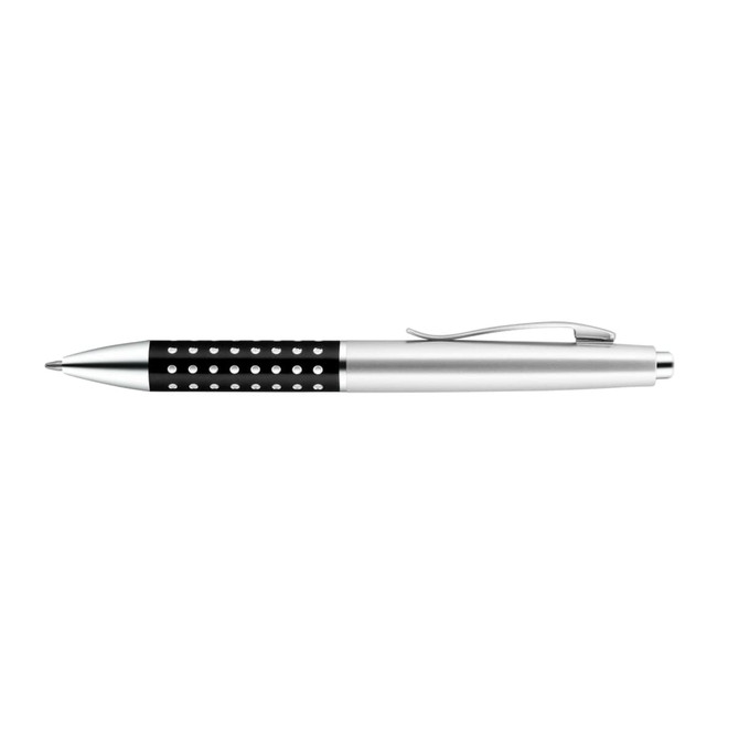 A metal pen featuring a silver body with a black grip adorned with silver dots and a clip for easy attachment.