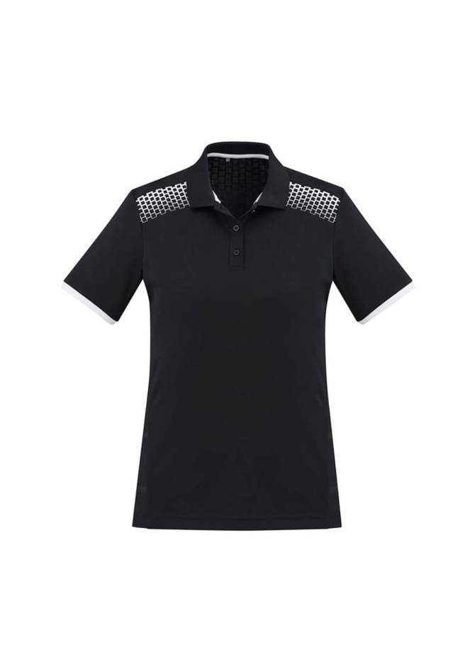 A black women's short sleeve polo shirt featuring a patterned yoke and white accents. It has a logo on the front.